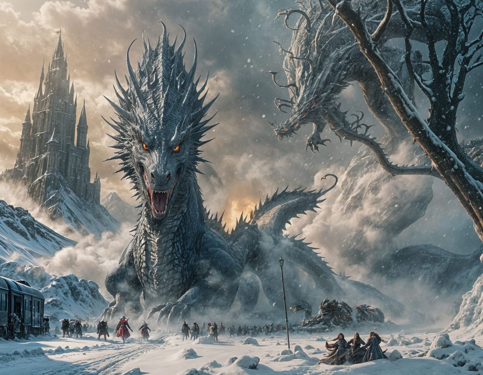 Dragon Rider on Snowpiercer Train: Fantasy Concept Art