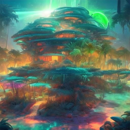 Futuristic Cityscape with Glowing Trees and Flying Vehicles