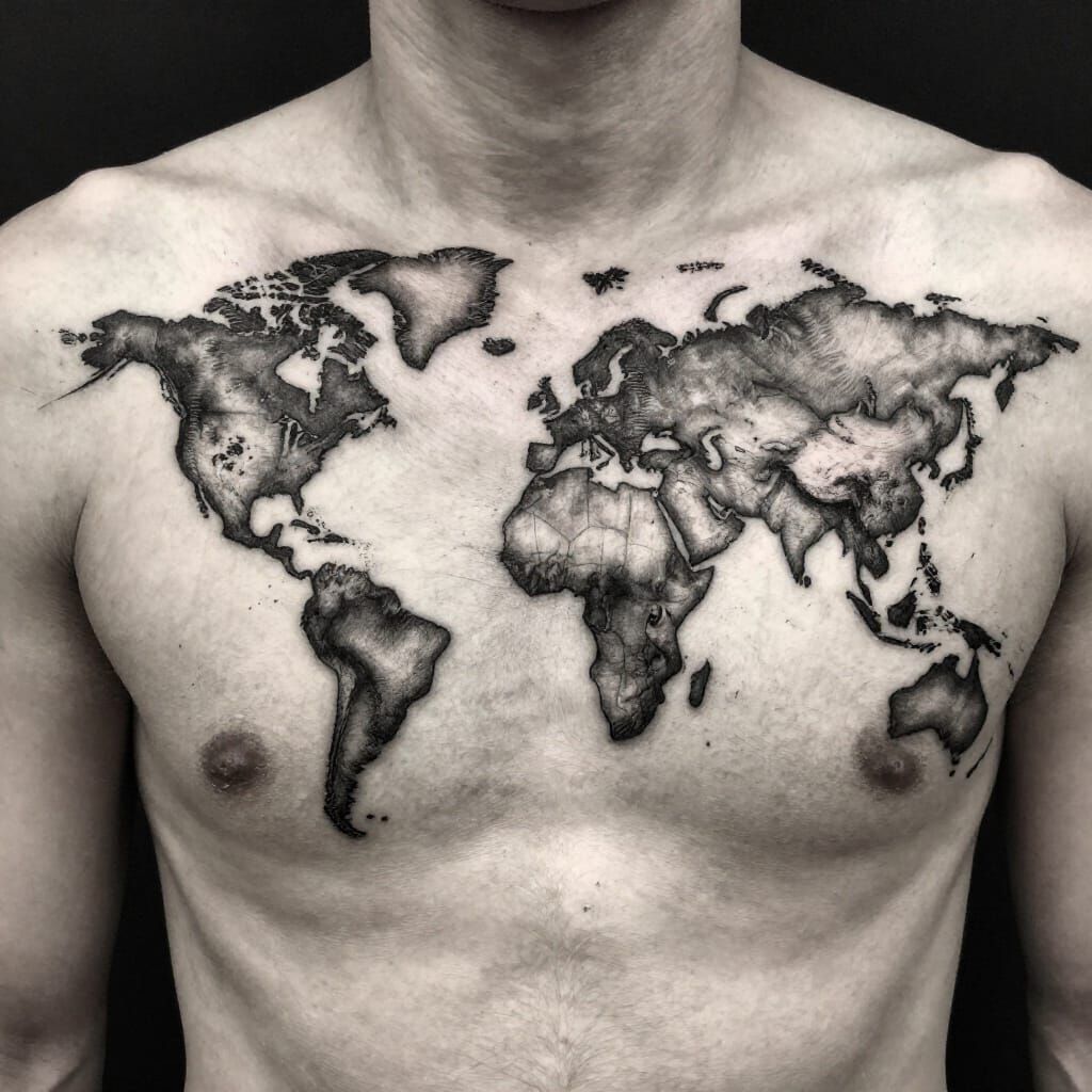 Realistic World Map Tattoo Chest Art