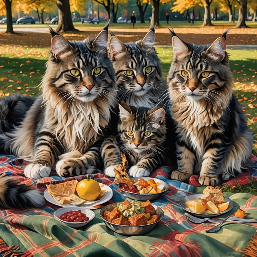 Maine Coons Picnic in the Park, Hyperrealistic Art