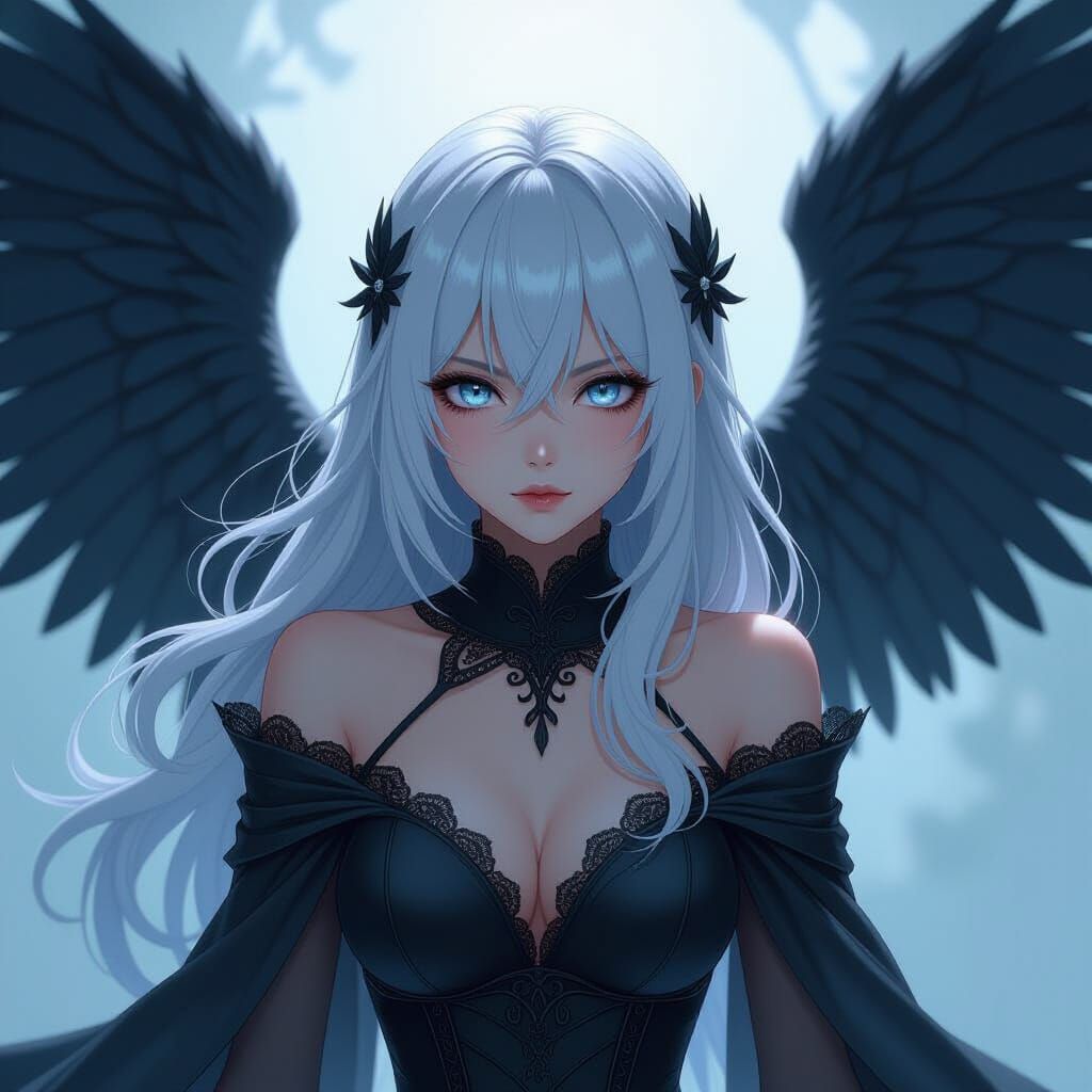 Anime Girl Descending with Black Wings in Art Nouveau Style