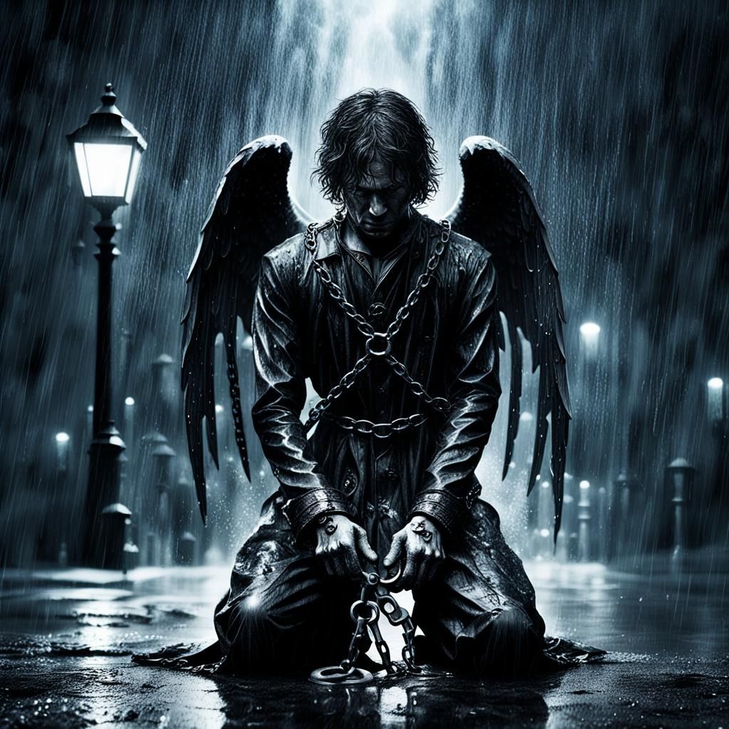 Kneeling angel in the rain with handcuffs