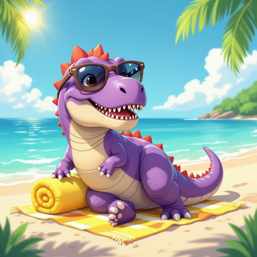 Cute Purple T-Rex Relaxing on Beach in Studio Ghibli Style