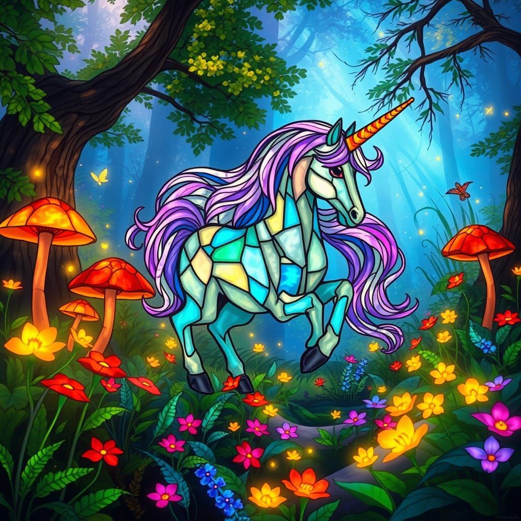 Kaleidoscopic Stained Glass Unicorn in Dream Forest