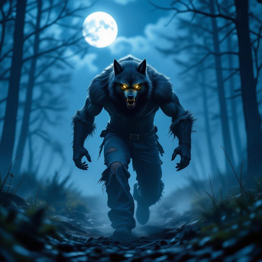 Werewolf Stalking Foggy Forest Under Full Moon