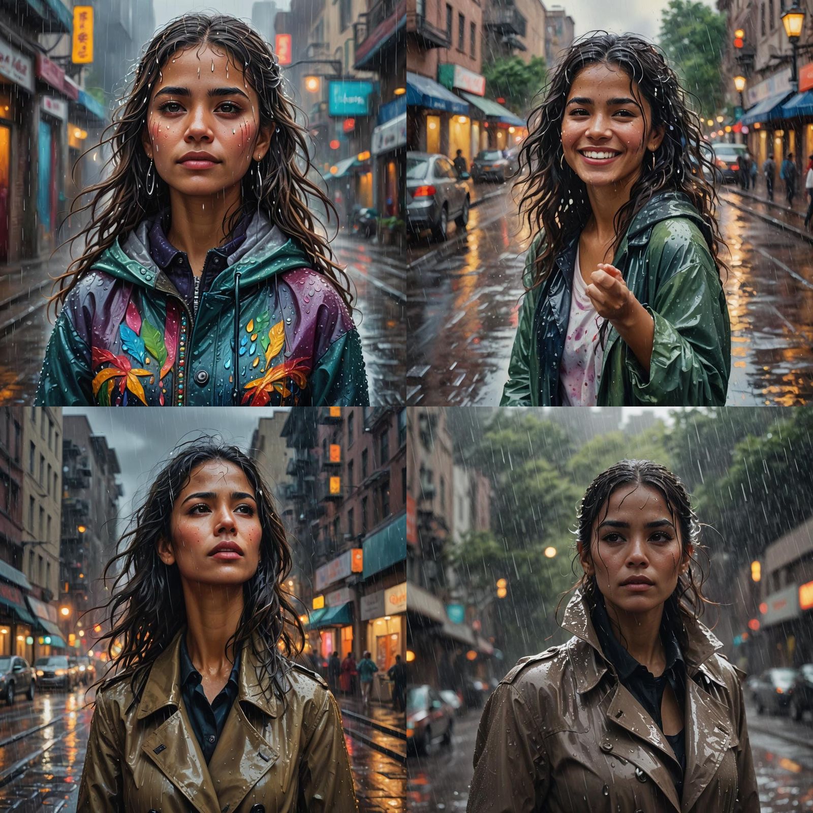 Latina Woman Embracing Rain in Cityscape