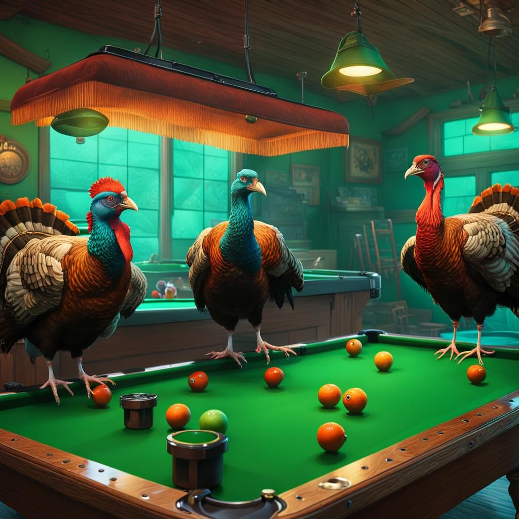 Turkeys Play Pool: Digital Matte Painting