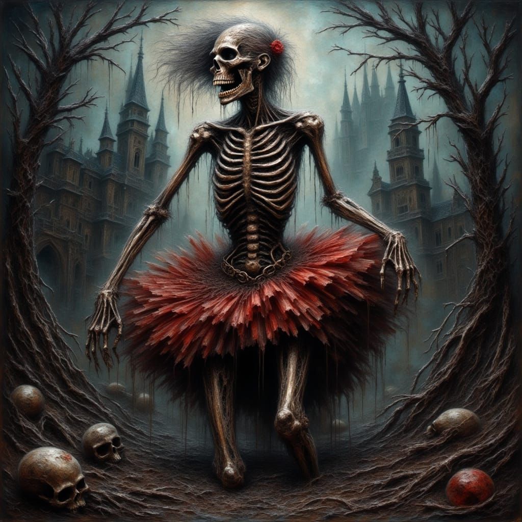 A hideous, evil decayed, zombie ballerina with elongated limbs, twisted like arthritic fingers, her torso curved in an u...