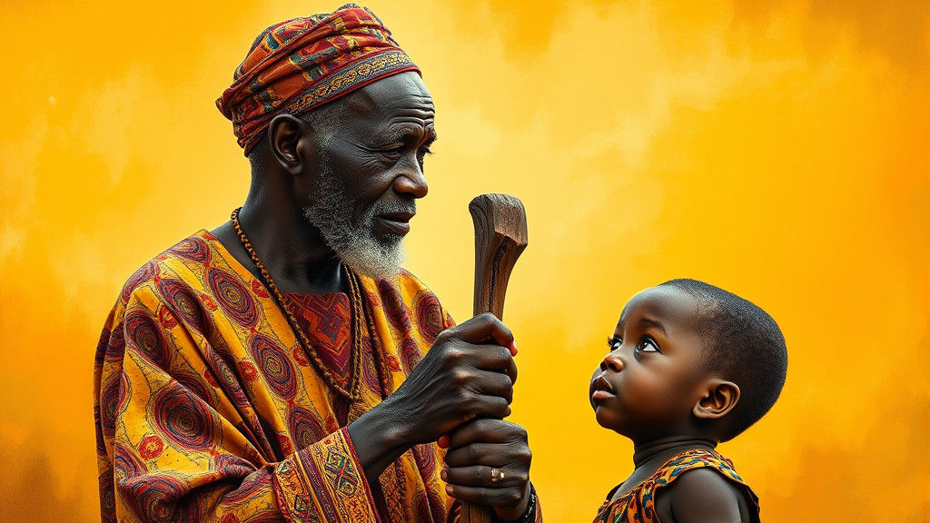 African Grandfather and Grandson with Walking Stick