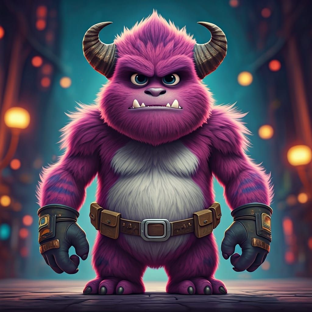 Magenta Monster in Pixar Style Cityscape