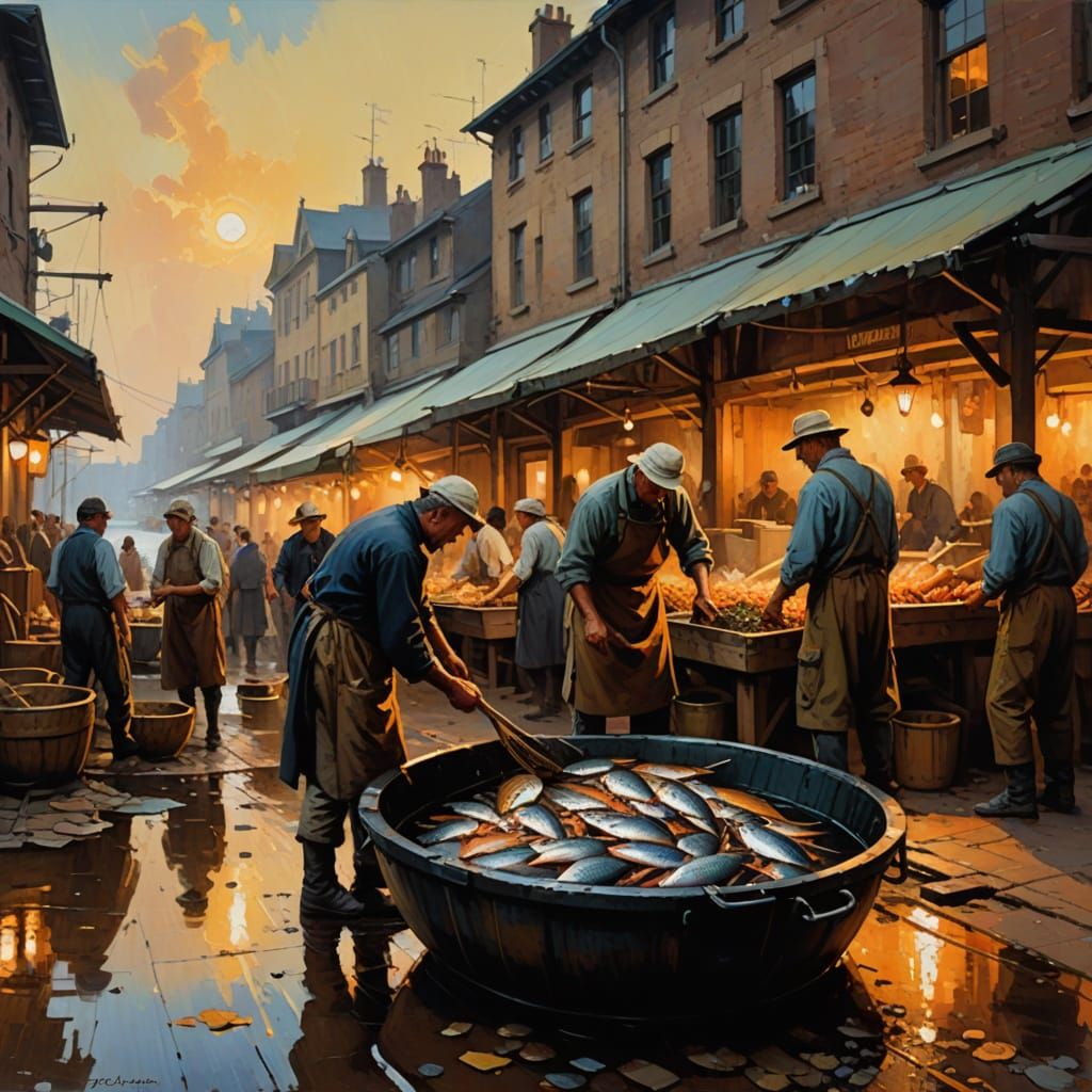 Impressionist Fish Market Scene with Steam Rising