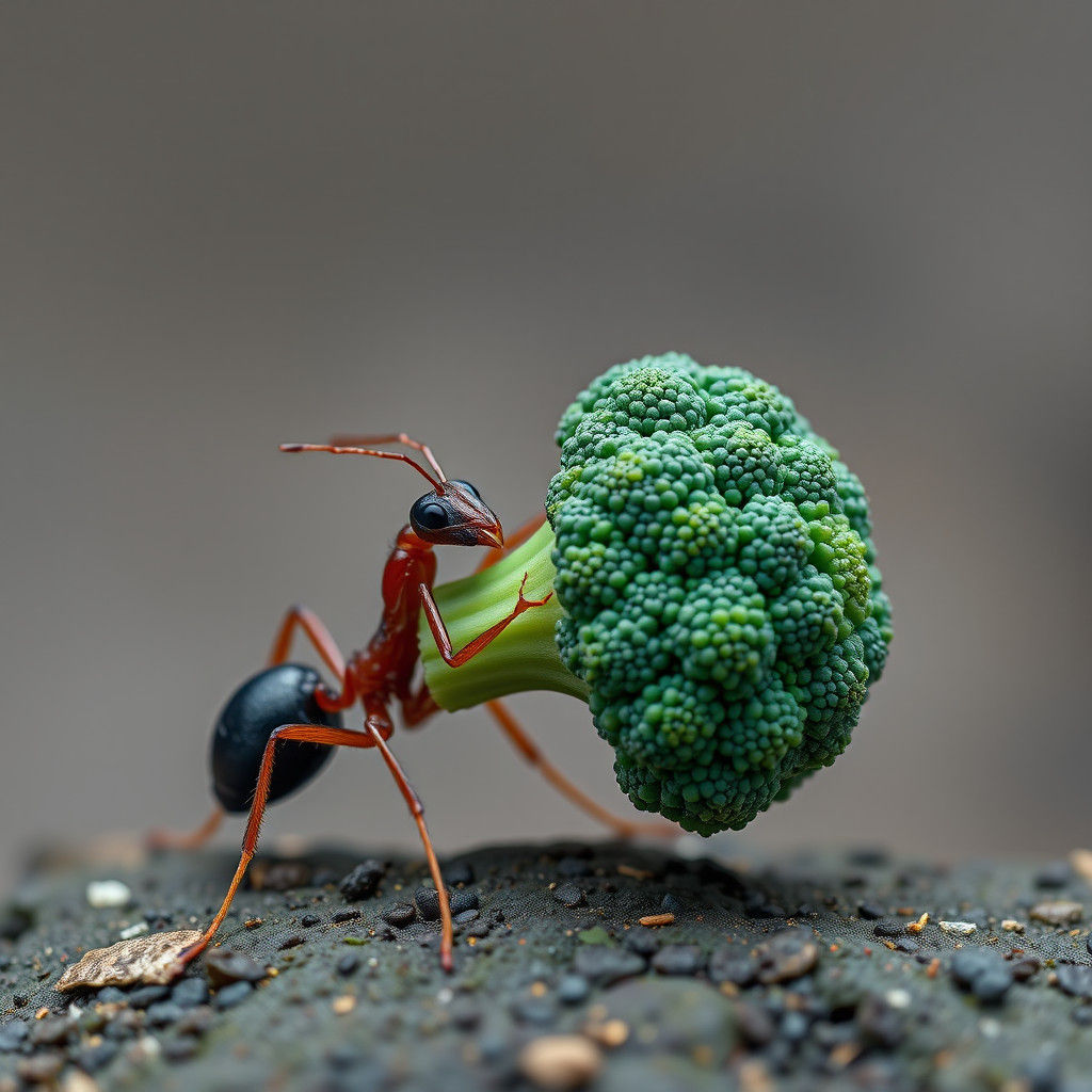 Tiny Ant Triumphantly Carries Oversized Broccoli in Hyperrea...