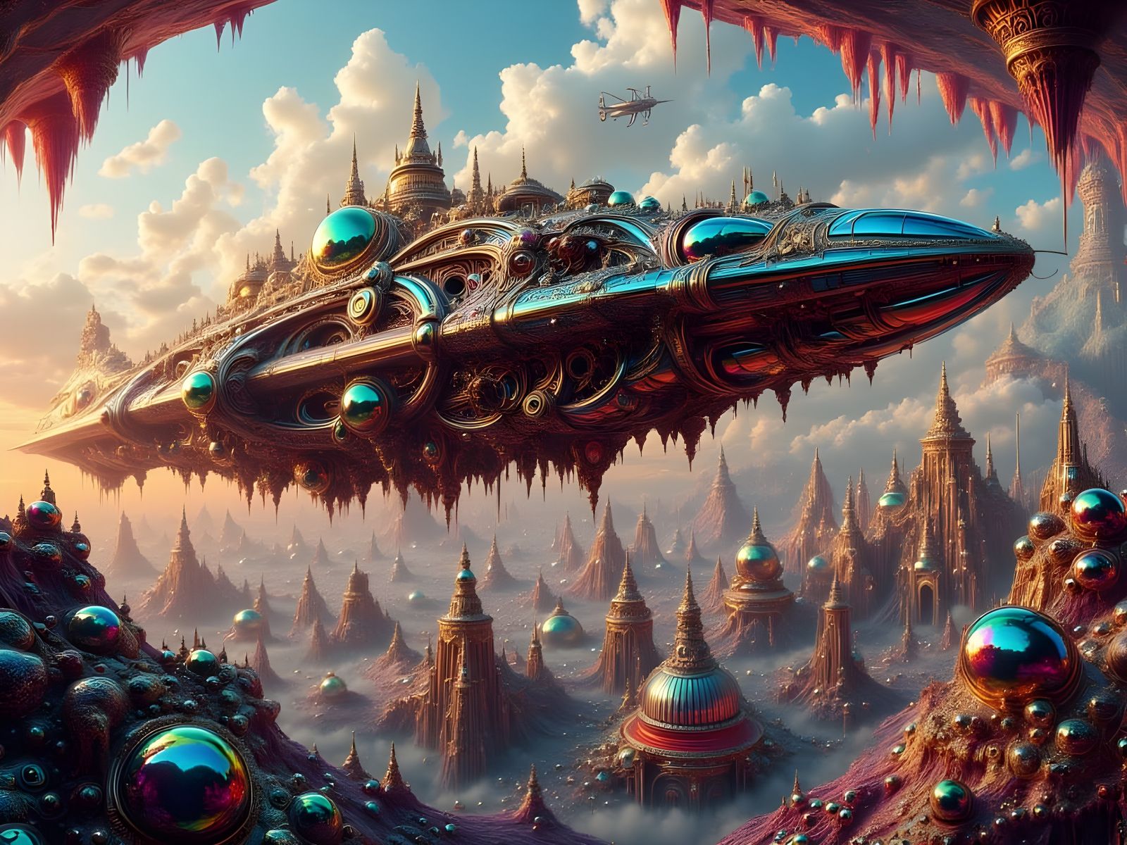 Futuristic Spaceship Soars Over City in Nebula