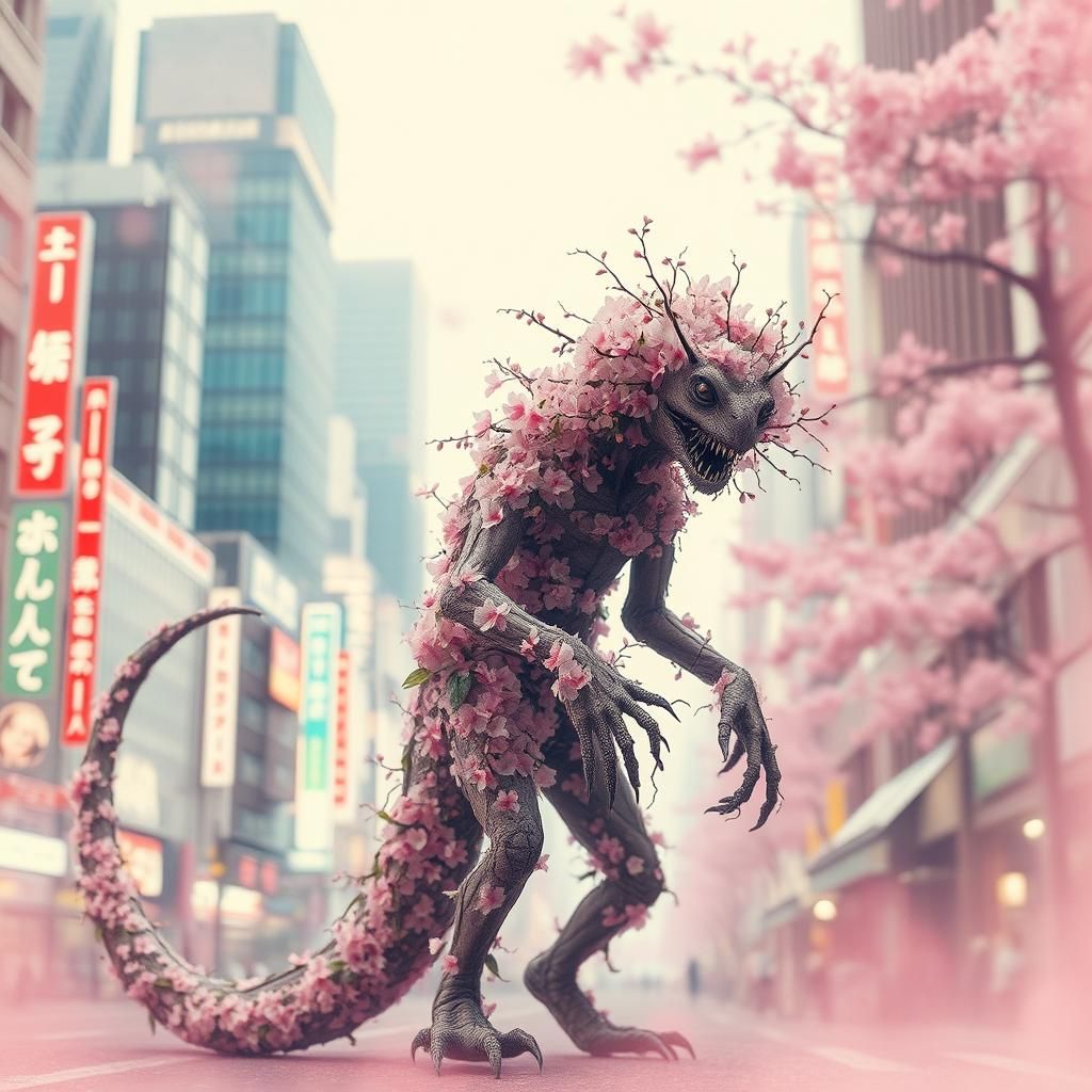 Sakura Blossom Monster in Dreamlike Cityscape