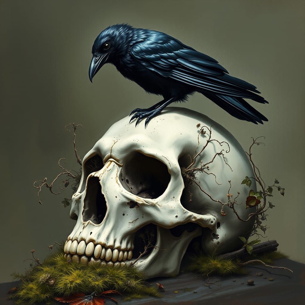 Crow Perched on Weathered Human Skull with Gothic Atmosphere