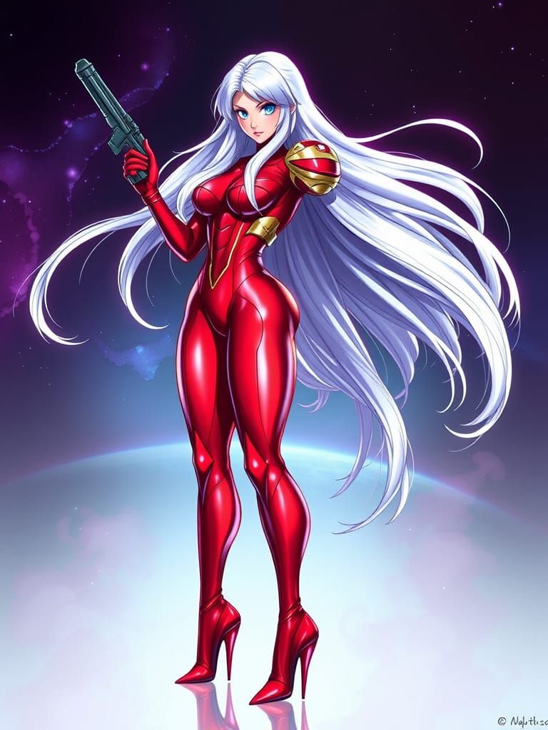 Sleek Bounty Hunter with Long Silver Hair and Latex Power Su...