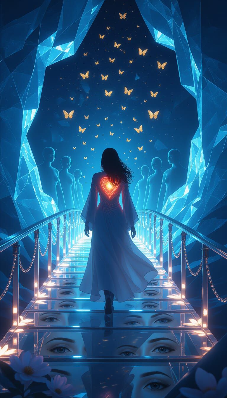 Ethereal Figure on Bioluminescent Bridge to Void