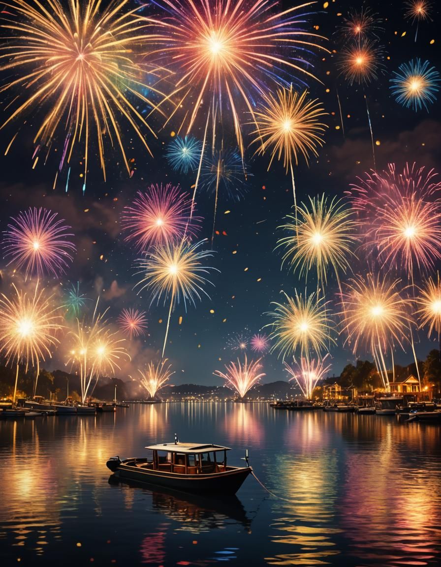 Happy New Year Celebration by Lake with Fireworks