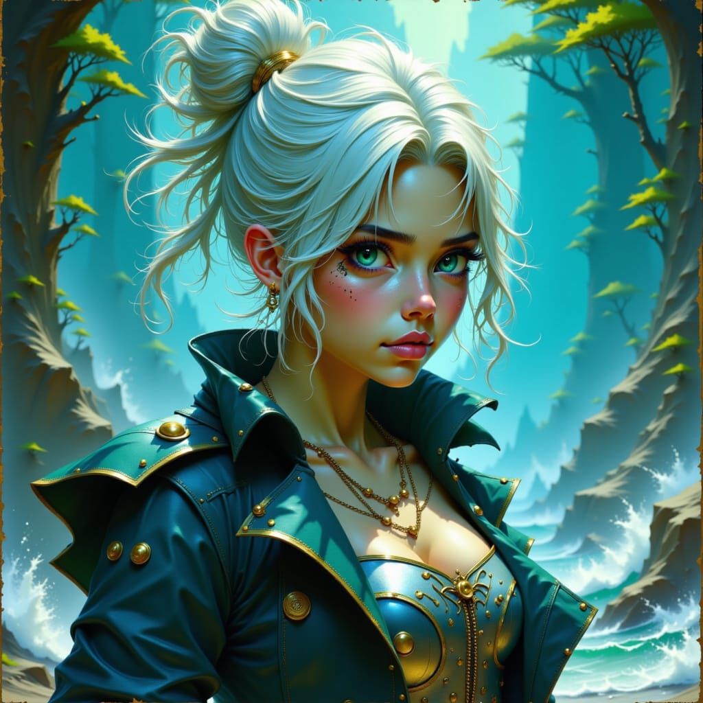 Air Genasi Pirate with Ice Blue Eyes in Frazetta Style