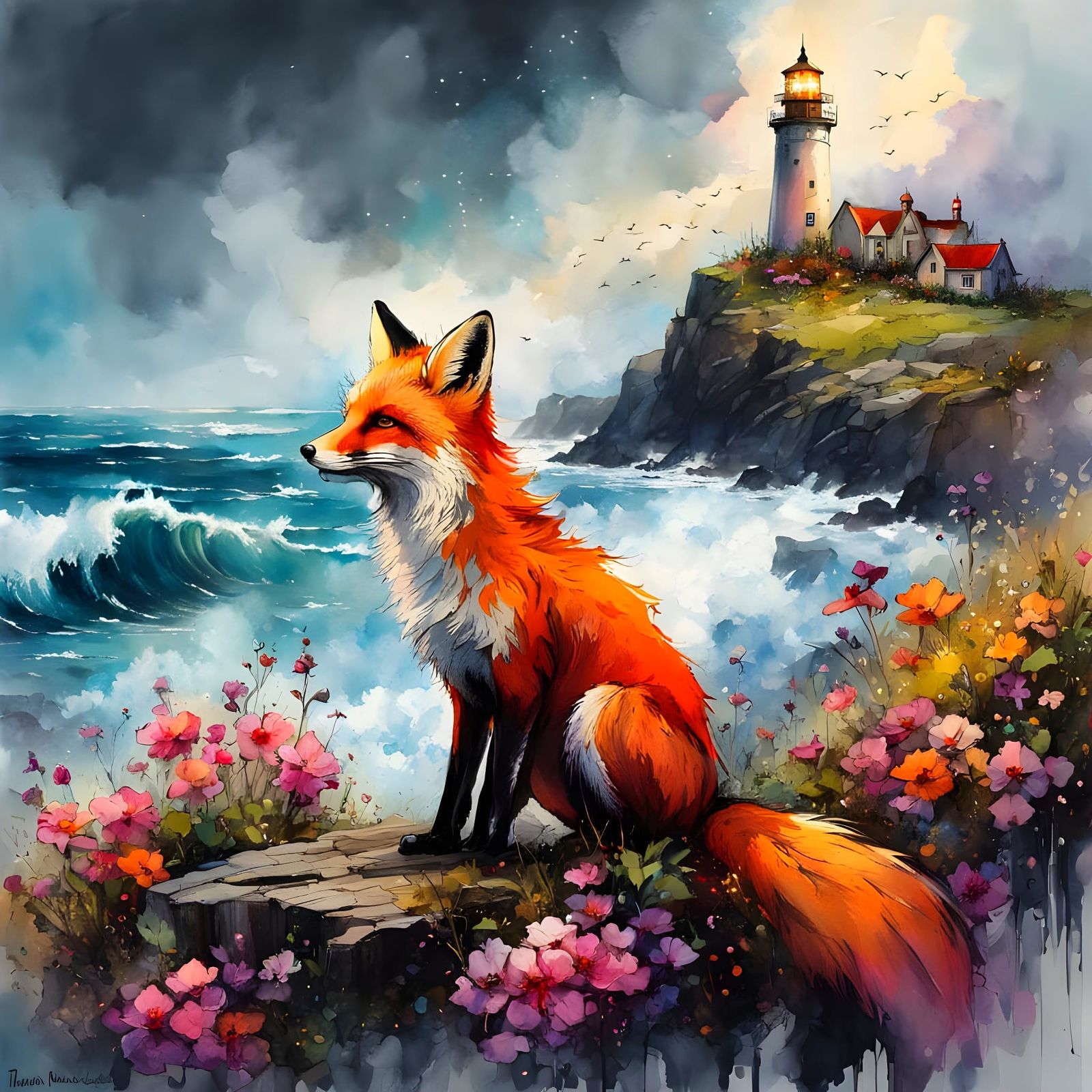 Epic Fantasy Fox in Vibrant Ocean Landscape