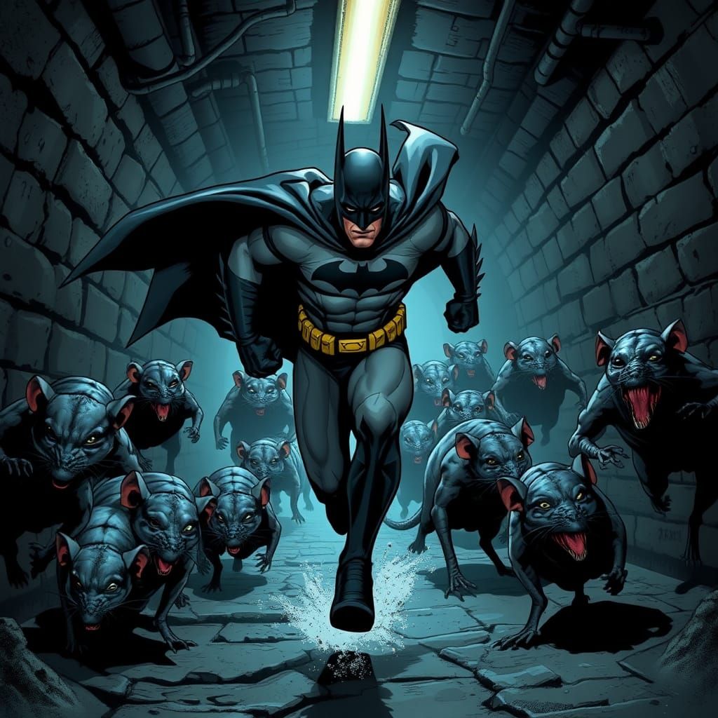Batman Chased by Rats in Sewer, Comic Book Art