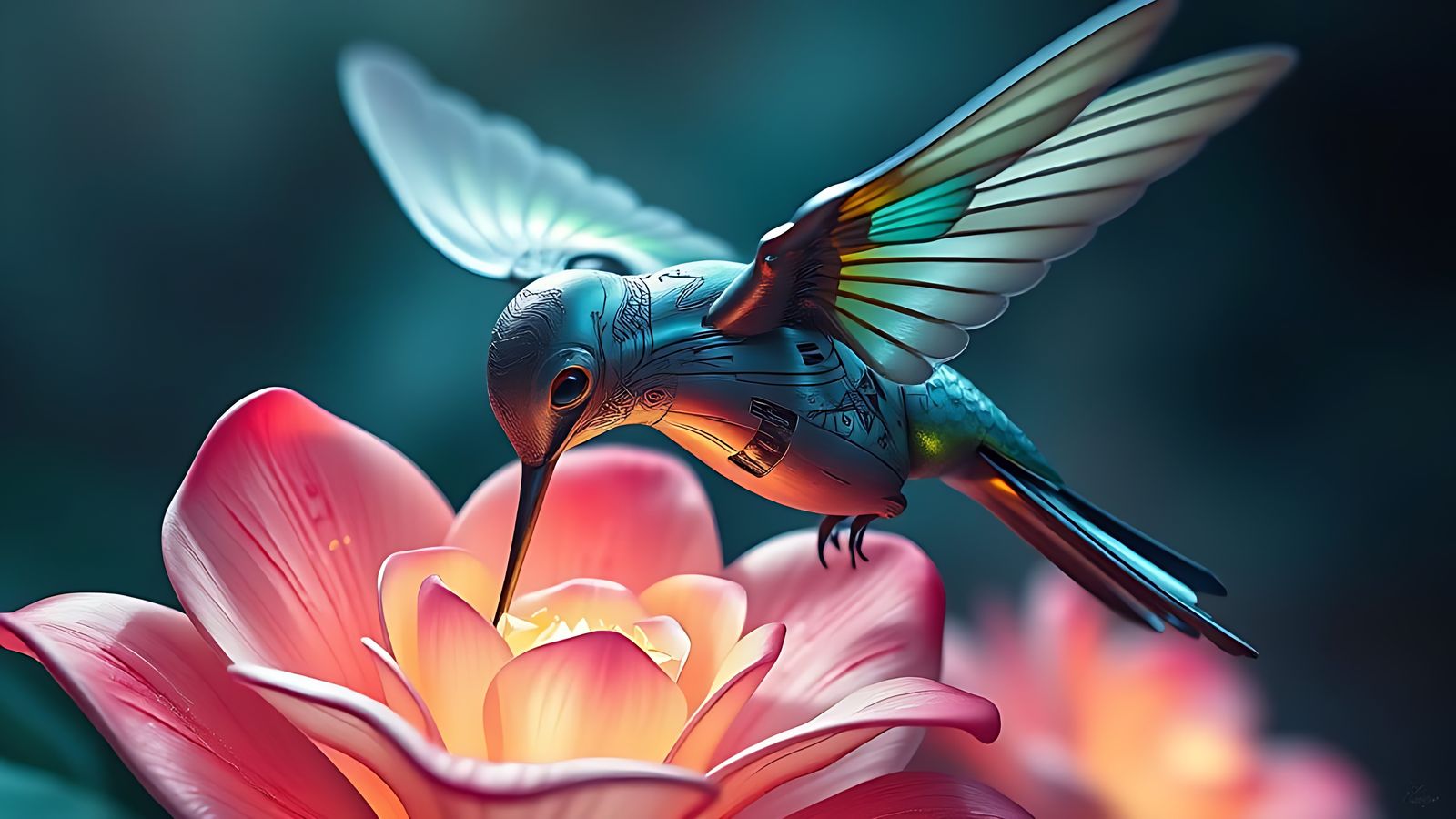 A biomechanical hummingbird sipping nectar from a flower.