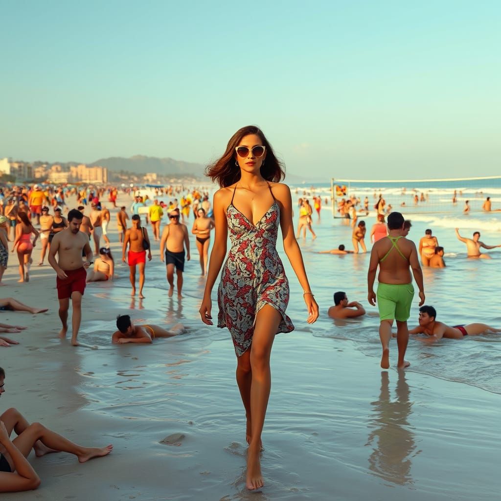 Stylish Spy on Crowded Beach, Cinematic Aesthetic