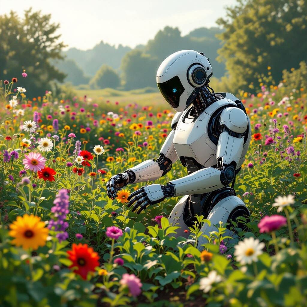 Robot Gardening in Vibrant Flower & Vegetable Field