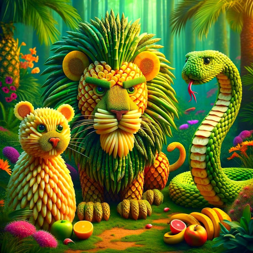 Vibrant Jungle Fruit Characters in Surrealistic Wonderland