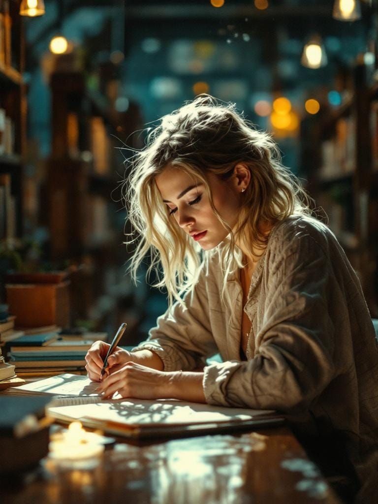 Woman Studying in Library, Atmospheric Color Layers