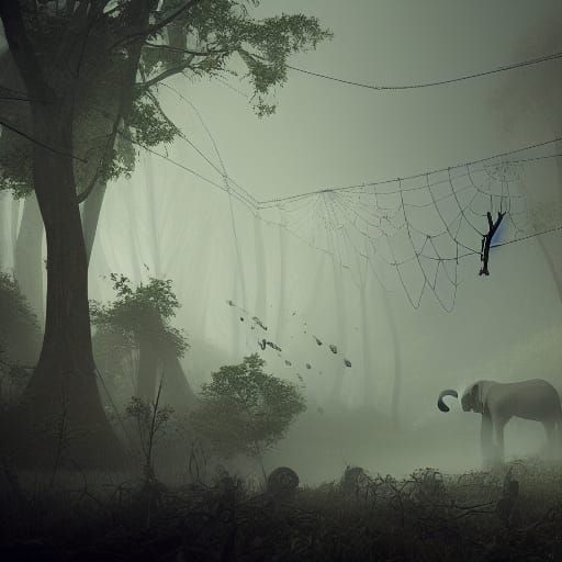 Creepy Elephant Graveyard in Foggy Forest