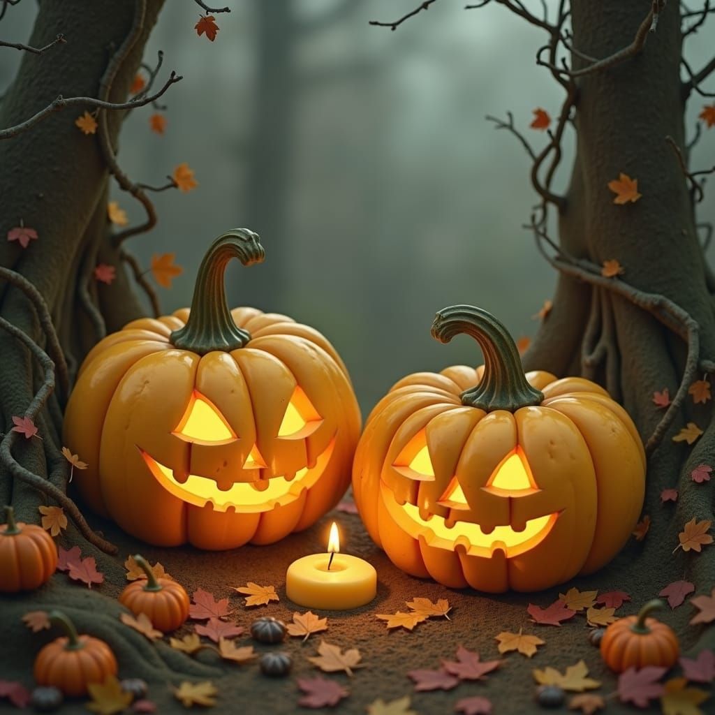 Cheese and Butter Jack-o-Lanterns in Mystical Autumn Scene