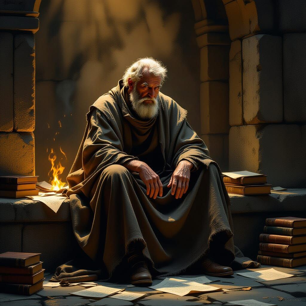 Contemplative Old Man with Books in Hyper-Realism Style
