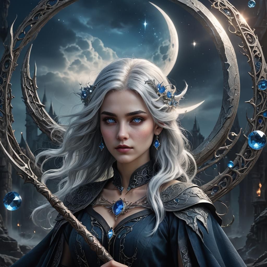 Silver-Haired Witch with Moon Wand: Digital Matte Painting