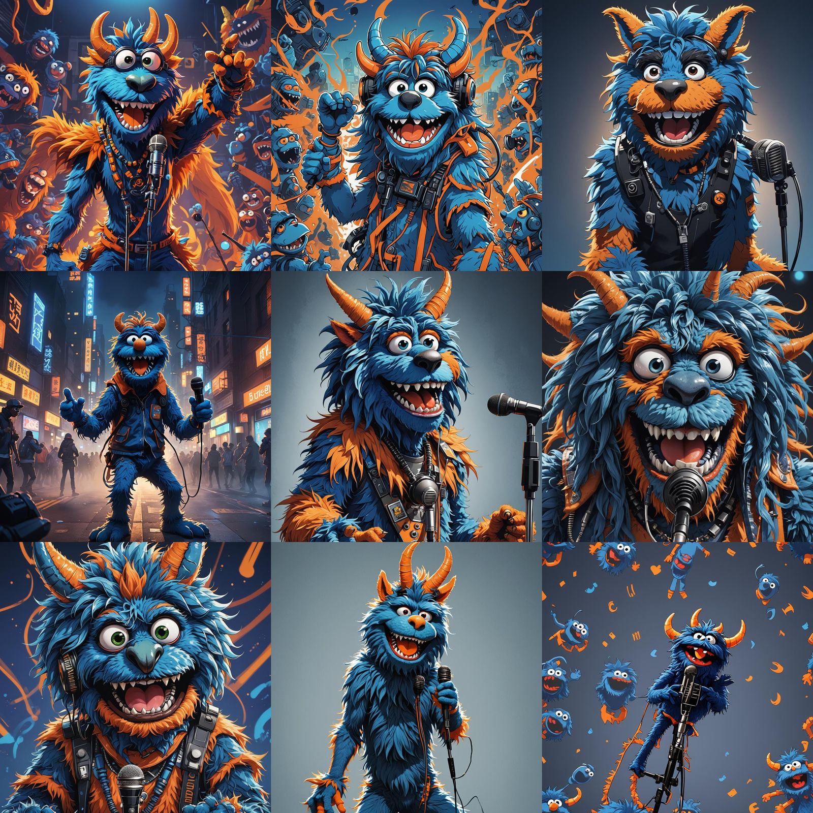 Blue Monster Muppet Rapper in Flat Anime Style