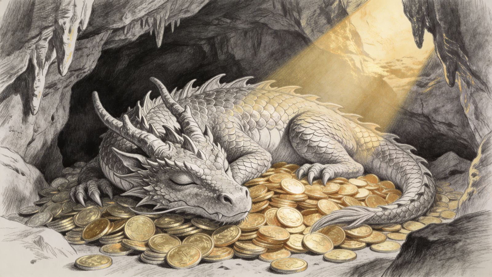 Graphite Dragon Sleeping on Gold Coins in Cave