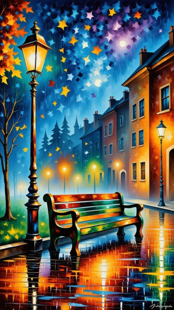 Vibrant Oil Painting of a Rainy Park Bench in November