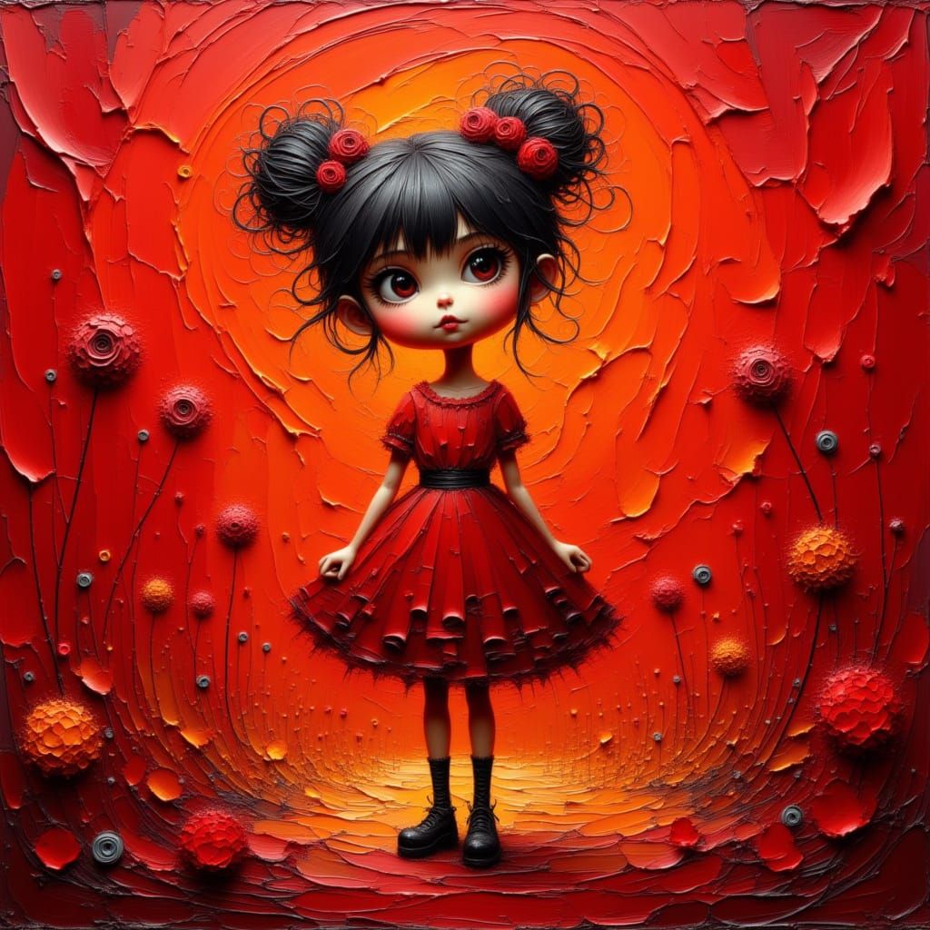 Vibrant Oil Painting of a Joyful Girl in Red