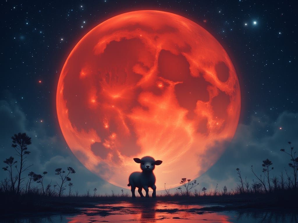 Lamb Under Red Moon in Fantasy Art Style