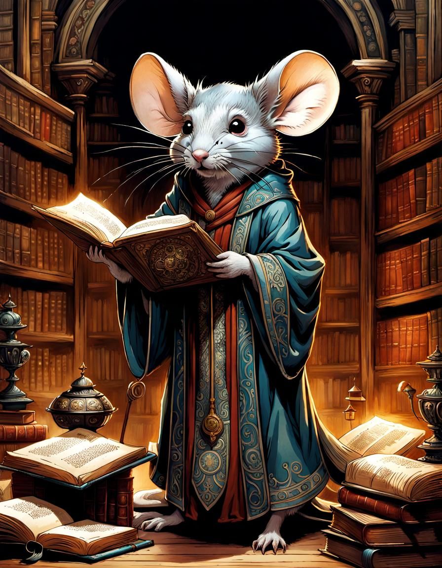 Anthropomorphic Mouse Scholar in Elaborate Ink Illustration