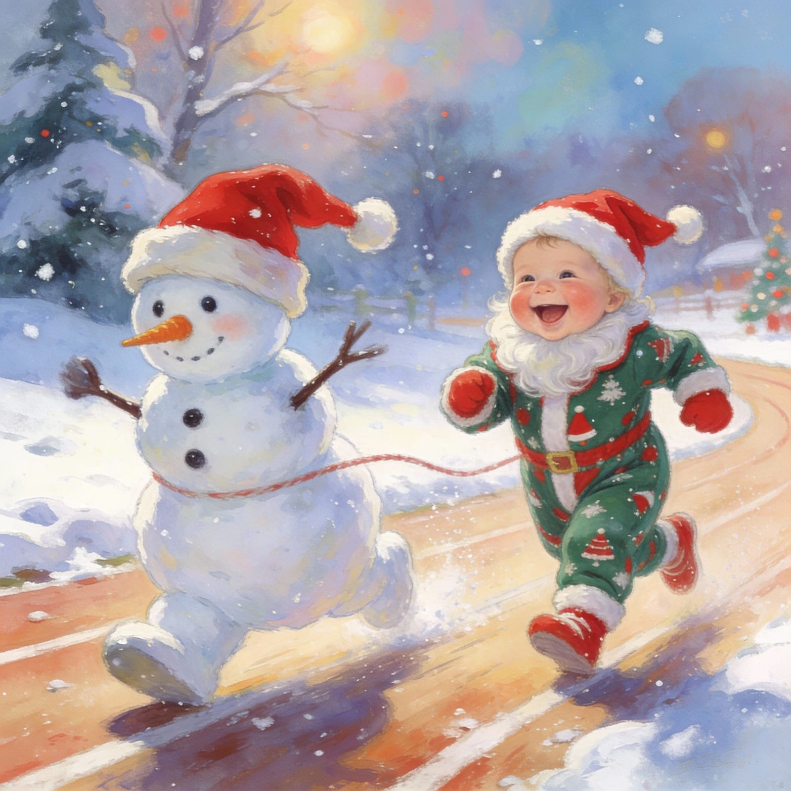 Snowman and Baby Santa Race in Storybook Style