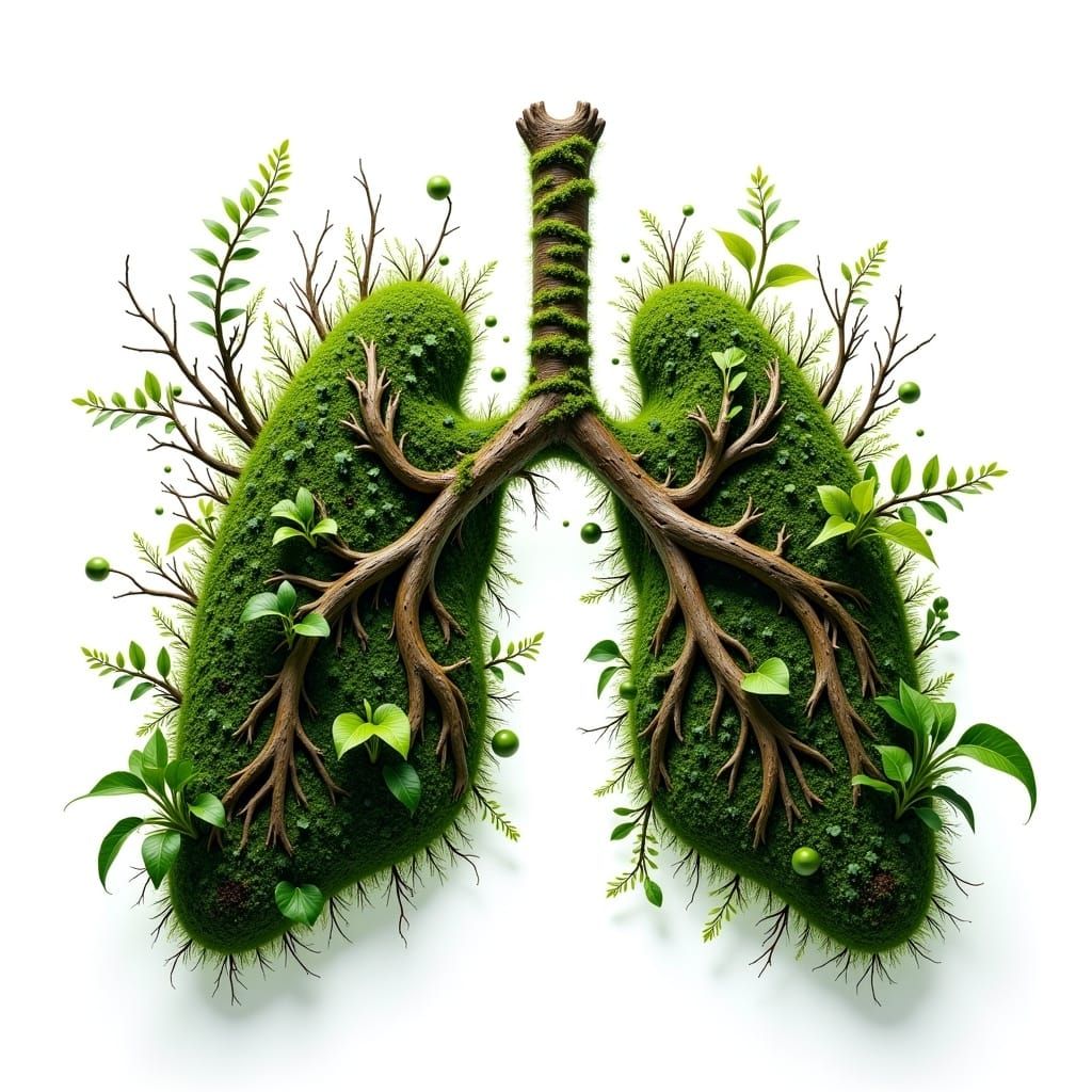 Lush Plant Lungs with Plastic, Maximalist Concept Art