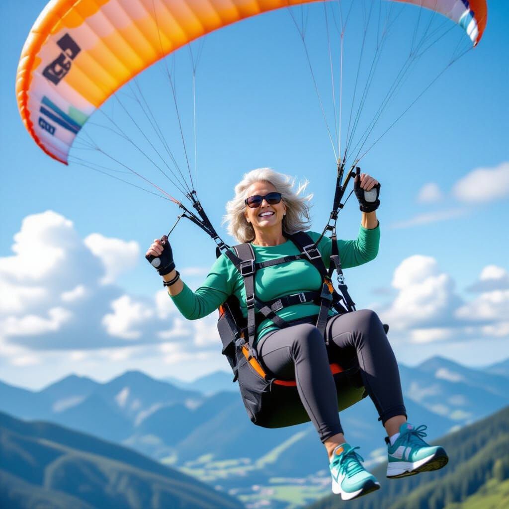 Joyful Lady Paragliding Adventure in Hyperrealistic Style
