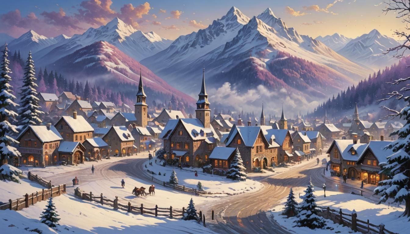 Vintage Christmas Village in Winter Landscape