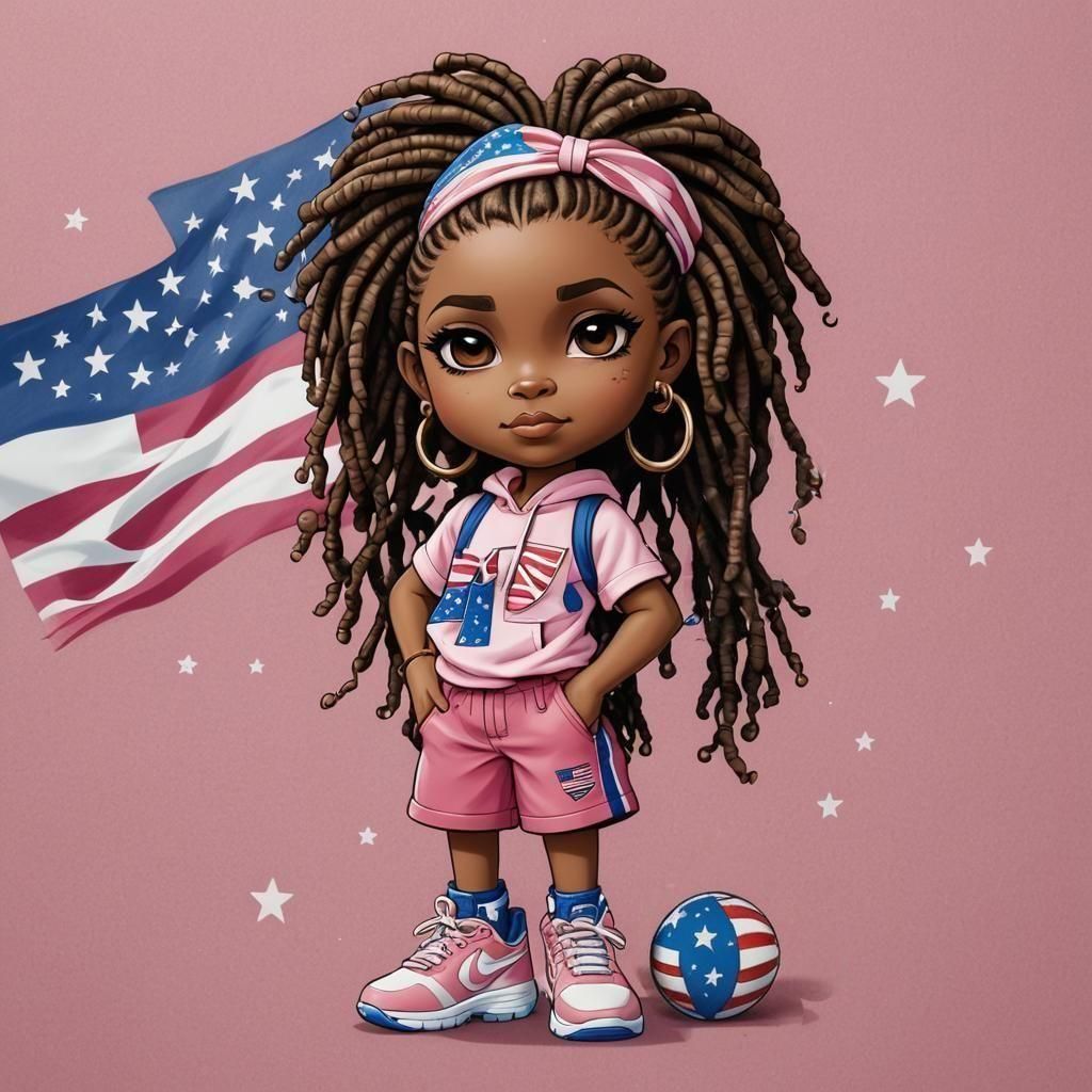 An airbrush cartoon style chibi African American girl with d...