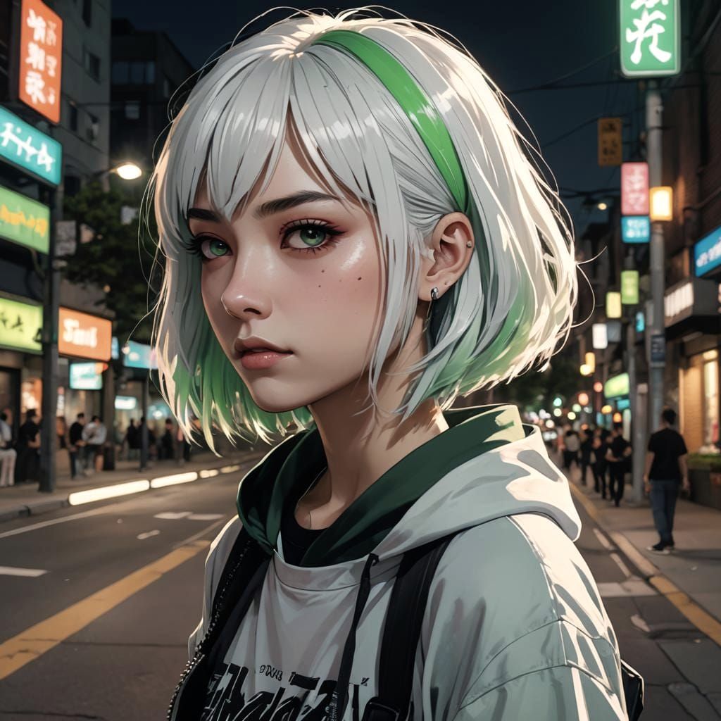 Goth Skater Girl with Green Streak in Anime Style
