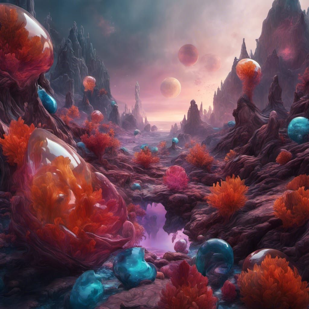 a virtual art installation featuring an otherworldly landscape made entirely of blown glass