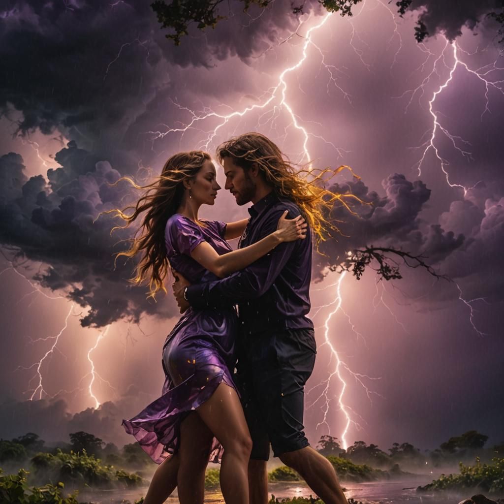 Silhouette of Lovers dancing in a rainbow thunderstorm