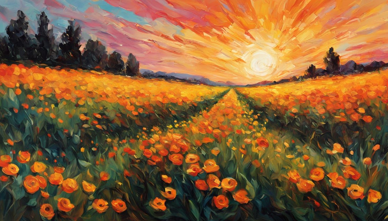 Sunset Over Flower Field in Impressionist Oil Painting