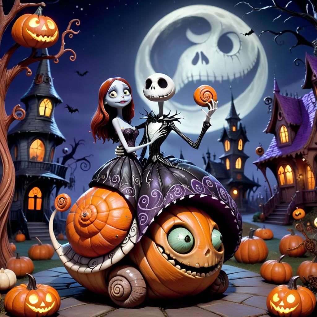Jack and Sally's Snail Ride in Gothic Fantasy Style